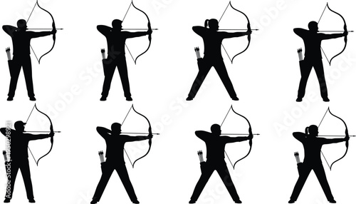 Vector silhouette collection of male and female archers aiming bows and arrows, professional archery athletes training set, sports competition icons isolated on white background