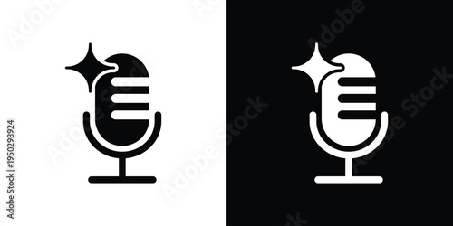 Modern outline microphone icon featuring a sparkle element. Vector graphic for high-quality audio, voice enhancement, and premium podcasting services. Clean stroke style for UI design.