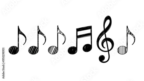 A collection of hand drawn musical notes and a treble clef symbol arranged in a horizontal row Vector