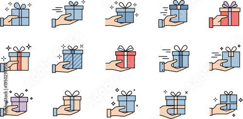 Flat line vector illustration set of human hands holding colorful gift boxes for delivery service shipping rewards and commercial retail loyalty program designs