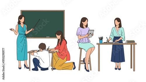 Classroom Scenario: Depicting a classroom, students are engaged in various learning activities, guided by educators.