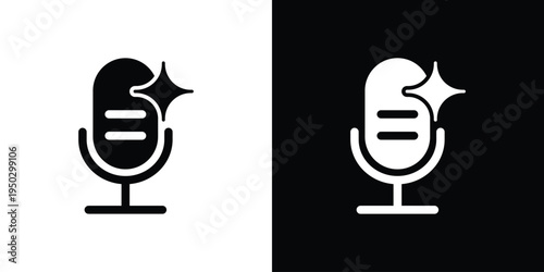 Modern outline microphone icon featuring a sparkle element. Vector graphic for high-quality audio, voice enhancement, and premium podcasting services. Clean stroke style for UI design.