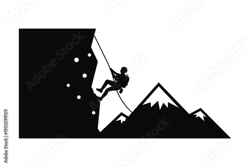 Silhouette of a rock climber rappelling down a steep cliff with snow-capped mountains in the background, vector illustration of extreme sport and mountain climbing