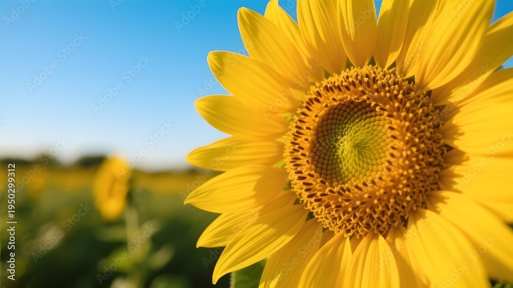 Fototapeta premium Vibrant sunflower close-up revealing its intricate pattern and radiant petals, capturing the essence of summer's warmth and natural beauty under a clear blue sky