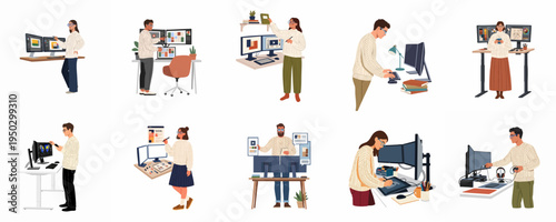Collection of digital artists and creative professionals working at their modern workstations with multiple monitors and graphic tablets in a flat illustration style.