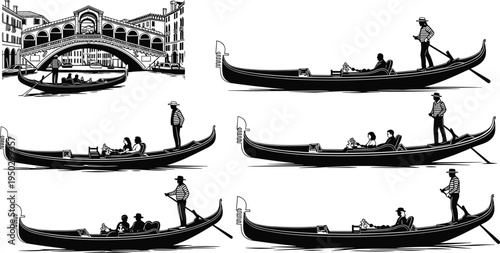 Venetian gondola silhouette vector collection featuring Rialto Bridge and traditional boats with gondoliers, romantic Venice Italy travel icons set isolated on white background design