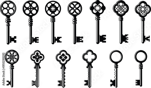Vintage antique skeleton keys silhouettes set featuring ornate decorative handles, gothic metal key icons, and traditional door lock openers for mystery or security designs.