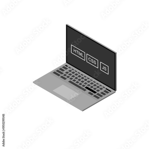 Grey isometric laptop 3D illustration with web development programming icons on dark screen, Isolated on white
