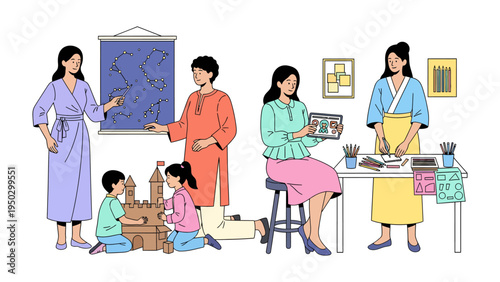 Creative Family Moment: A vibrant illustration depicts a close-knit family, engaged in various creative activities. Each person is immersed in their own project.