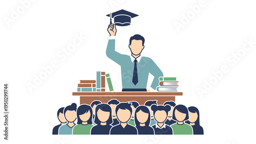 Academic Leader Addressing Students: An illustration of an academic leader addressing a crowd of students, symbolizing education, knowledge, and guidance