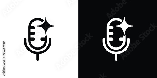 Modern outline microphone icon featuring a sparkle element. Vector graphic for high-quality audio, voice enhancement, and premium podcasting services. Clean stroke style for UI design.