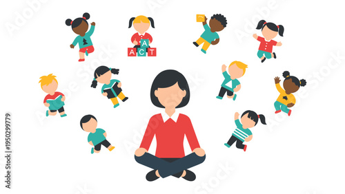 Nurturing Minds: A dedicated educator surrounded by a vibrant circle of diverse and energetic children, creating a scene that captures the essence of care, guidance, and community. 
