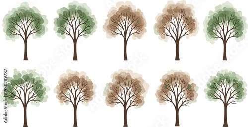 Watercolor vector tree collection featuring deciduous trees in muted green and brown earth tones for seasonal nature design isolated on a white background