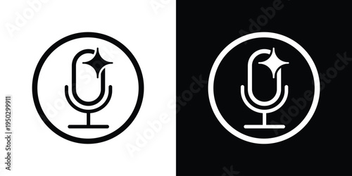 Modern outline microphone icon featuring a sparkle element. Vector graphic for high-quality audio, voice enhancement, and premium podcasting services. Clean stroke style for UI design.