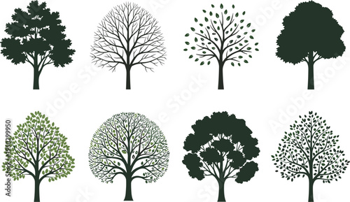 Watercolor vector tree collection featuring deciduous trees in muted sage green and soft beige earth tones for seasonal nature design isolated on white background