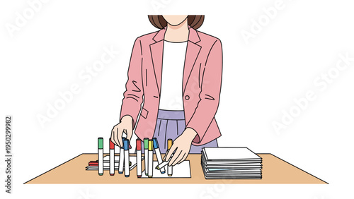 Organizing Stationeries: A focused individual meticulously organizes a vibrant array of colorful pens and stacked papers on a wooden table, epitomizing the essence of a workspace.