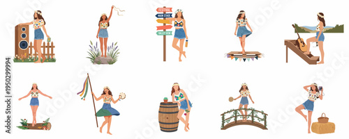 Collection of flat vector illustrations featuring young women in bohemian attire enjoying various activities at a summer music festival.