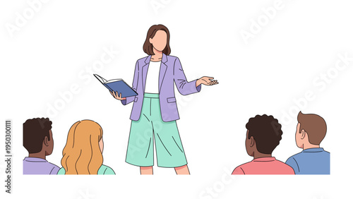 Inspiring Lecturer and Audience: A female lecturer stands before an attentive audience, delivering a presentation with a book in hand, fostering an environment of knowledge exchange. 