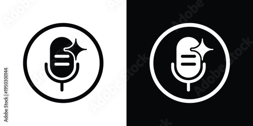 Modern outline microphone icon featuring a sparkle element. Vector graphic for high-quality audio, voice enhancement, and premium podcasting services. Clean stroke style for UI design.
