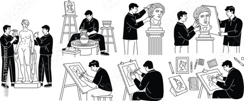 Classical art creation process with sculpting, pottery, and drawing, showcasing traditional techniques, artists, and creative craftsmanship togetherClassical art creation process with sculpting