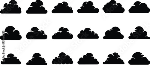 Vector set of black cloud silhouettes featuring diverse fluffy shapes and overcast symbols for weather forecast, nature landscape, sky background, and minimal graphic design.