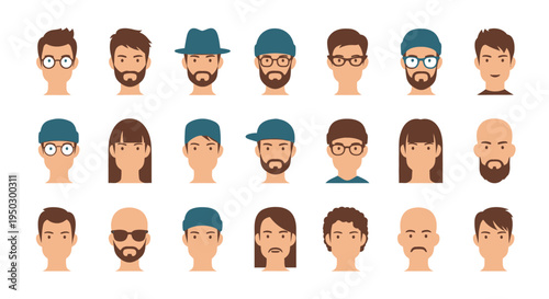 Set of Diverse Male and Female Avatars with Different Hairstyles and Expressions, Isolated White Background