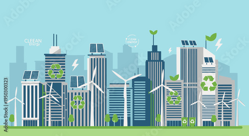 Modern Green City Skyline with Wind Turbines and Solar Panels, Sustainable Urban Development and Eco-Friendly Living