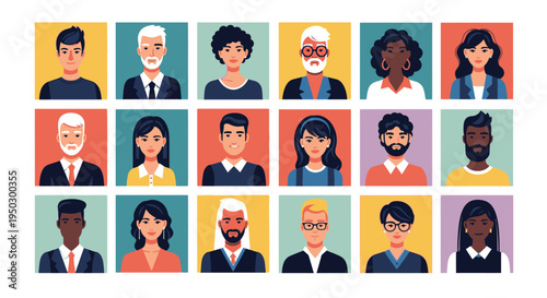 Diverse Group of Flat Design Professional Avatar Faces Representing a Multi-Ethnic Community