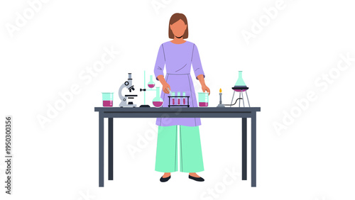 Science lab work: a scientist conducting experiments with flasks, microscope, burner, beaker, and test tubes on a laboratory table.