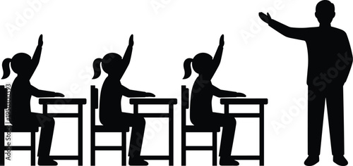 Classroom, education, teacher, students, learning, school, silhouette, black, white, interaction, raising hands, desks, instruction, engaged, teaching, academic, participation, group