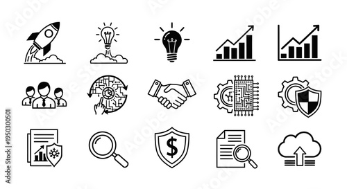 Set of Business, Finance, and Strategy Outline Icons on Isolated White Background