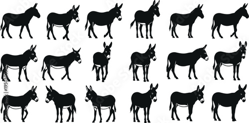 Vector set of black donkey silhouettes featuring various farm animal poses, including walking and standing gestures for rural livestock nature and agriculture logo designs
