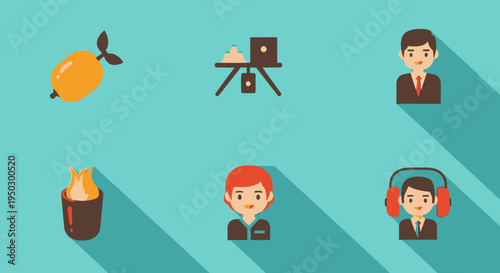 Collection of flat design business characters and office related icons in a bright studio