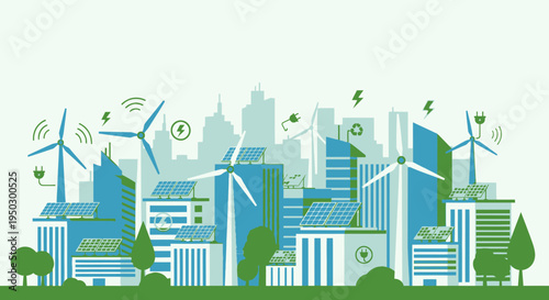 Sustainable Smart City Landscape with Green Buildings, Wind Turbines, and Solar Panels under a Bright Sky
