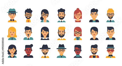 Diverse Group of Flat Design Avatar Faces Representing Male and Female Users on Isolated White Background