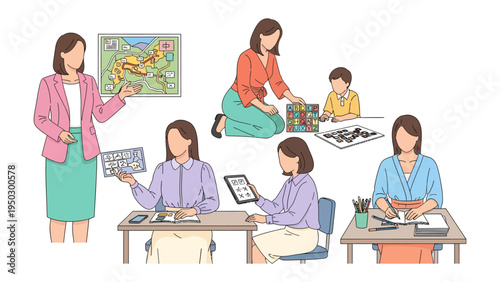Illustrative of Learning: A depiction of educators and learners engaged in various educational activities, showcasing diverse aspects of the learning experience and skill-building.