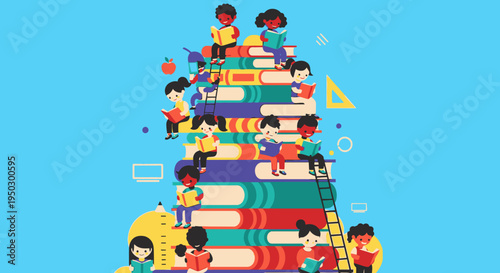 Happy diverse children reading books and learning on a tall stack of books, in a bright blue background