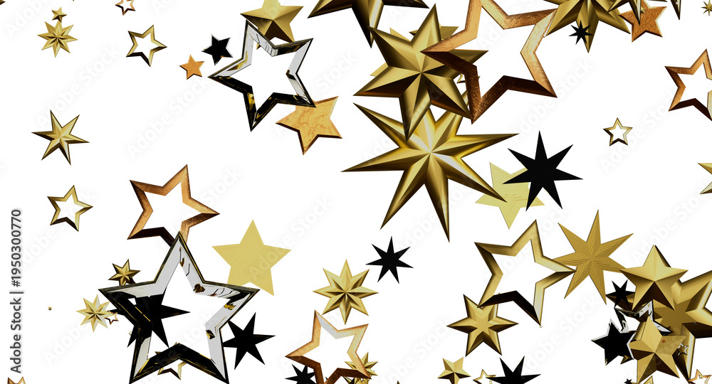 Obraz premium Golden star confetti on a white background, perfect for adding a touch of elegance to any design or celebration. Ideal f