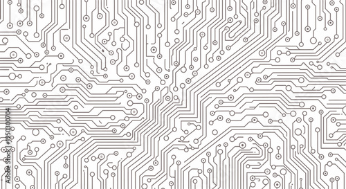 Abstract black and white electronic circuit board pattern, representing technology and connections.