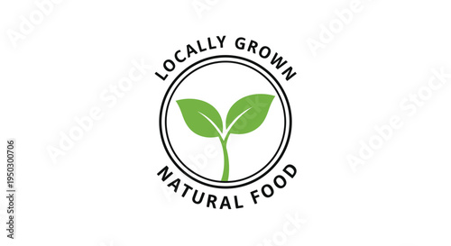 "Locally Grown Natural Food" label with green sprout in a circle, on a bright light green background