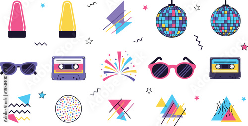 Retro eighties and nineties party element set with disco balls cassette tapes sunglasses and Memphis style geometric patterns for nostalgic vintage event designs.