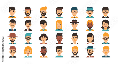 Diverse group of flat design male and female avatars, representing various people and professions, on a white background.