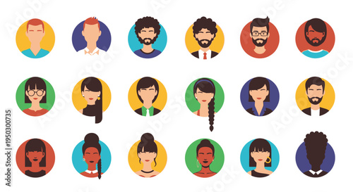 Diverse business people avatars and user profile icons in colorful circles on an isolated white background