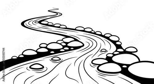 Winding river with smooth stones on its banks, minimalist black outline illustration on isolated white background