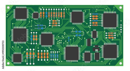 Detailed green electronic circuit board with microchips and components, illustrating advanced technology.