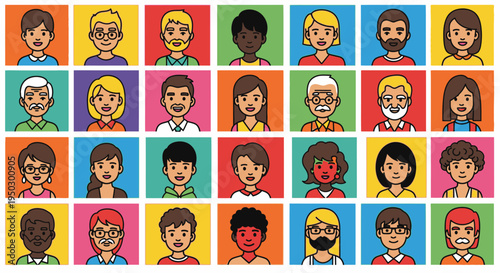 Large Grid of Colorful Square Avatar Icons Featuring Diverse People on Isolated White Background