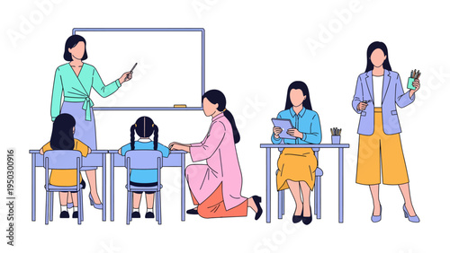 Teachers in Classrooms: Scenes of educators guiding children in various learning activities, each frame presenting a unique moment of teaching and nurturing young minds in a school environment.