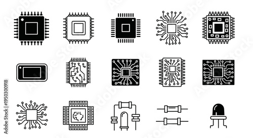 Set of Electronic Components Line Icons on Isolated White Background, Microchip and Circuitry
