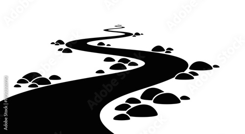 Winding Black Road or River Flowing Through Rocky Landscape in Silhouette, on an Isolated White Background