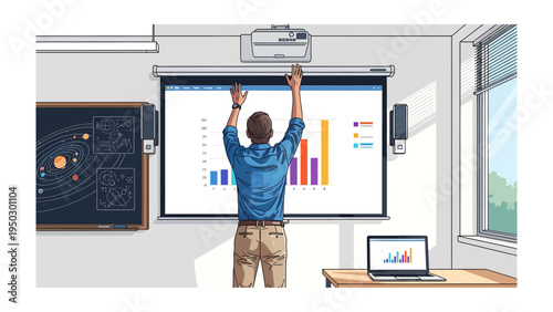 Presentation in progress: A presenter gestures enthusiastically towards a vibrant data graph on the screen, ready to give a professional presentation.